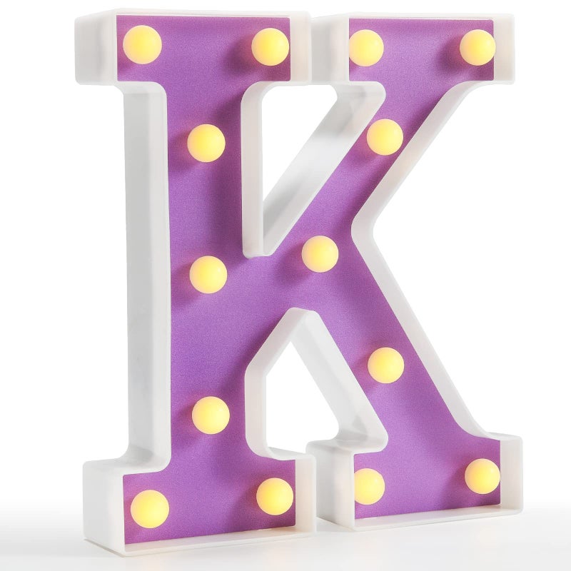 Pooqla LED Letter Lights Purple Light Up Alphabet Sign Colorful DIY Marquee Night Light with Warm White LED Home Party Birthday Wedding Bar Decoration Purple Letter K
