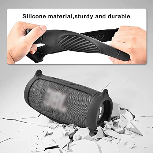 Comecase Silicone Case Cover for JBL Charge 5 Waterproof Portable Bluetooth Speaker, Travel Carrying Protective Gel Soft Skin, Waterproof Rubber Pouch with Shoulder Strap and Carabiner - Black - Image 4