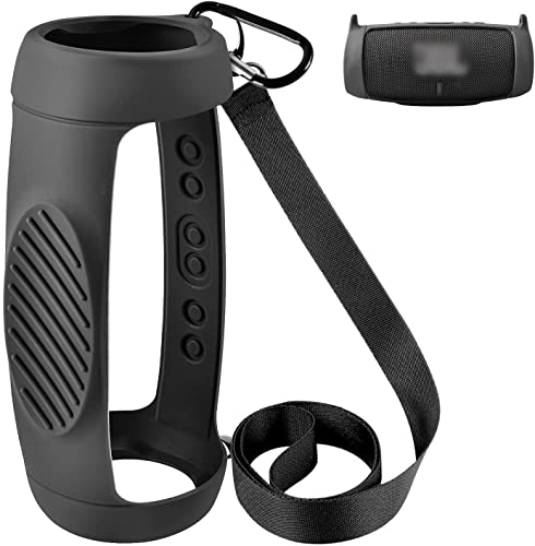 Comecase Silicone Case Cover for JBL Charge 5 Waterproof Portable Bluetooth Speaker, Travel Carrying Protective Gel Soft Skin, Waterproof Rubber Pouch with Shoulder Strap and Carabiner - Black - Image 1