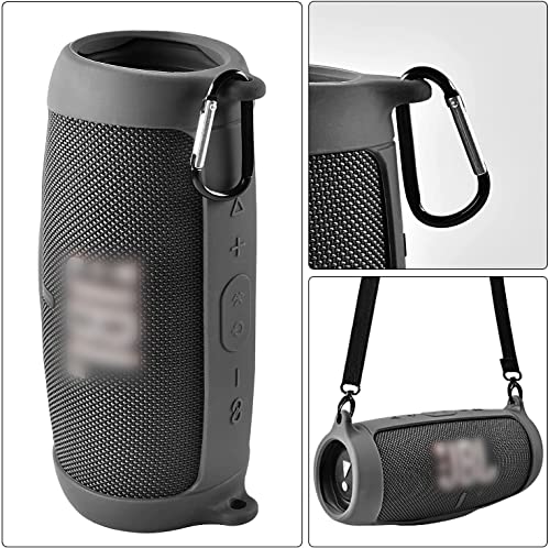 Comecase Silicone Case Cover for JBL Charge 5 Waterproof Portable Bluetooth Speaker, Travel Carrying Protective Gel Soft Skin, Waterproof Rubber Pouch with Shoulder Strap and Carabiner - Black - Image 3