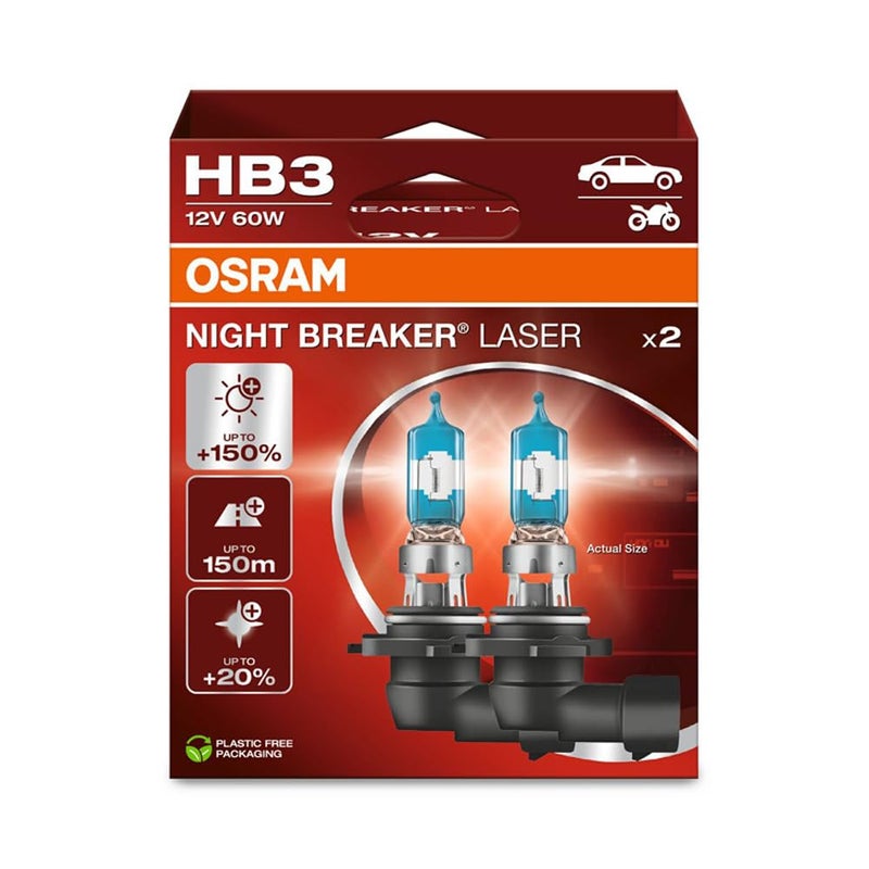 Osram Night Breaker Laser HB3 150 More Brightness Halogen Headlight Bulb 9005NL2HB 12 V Car Hanging Box 2 Lamps
