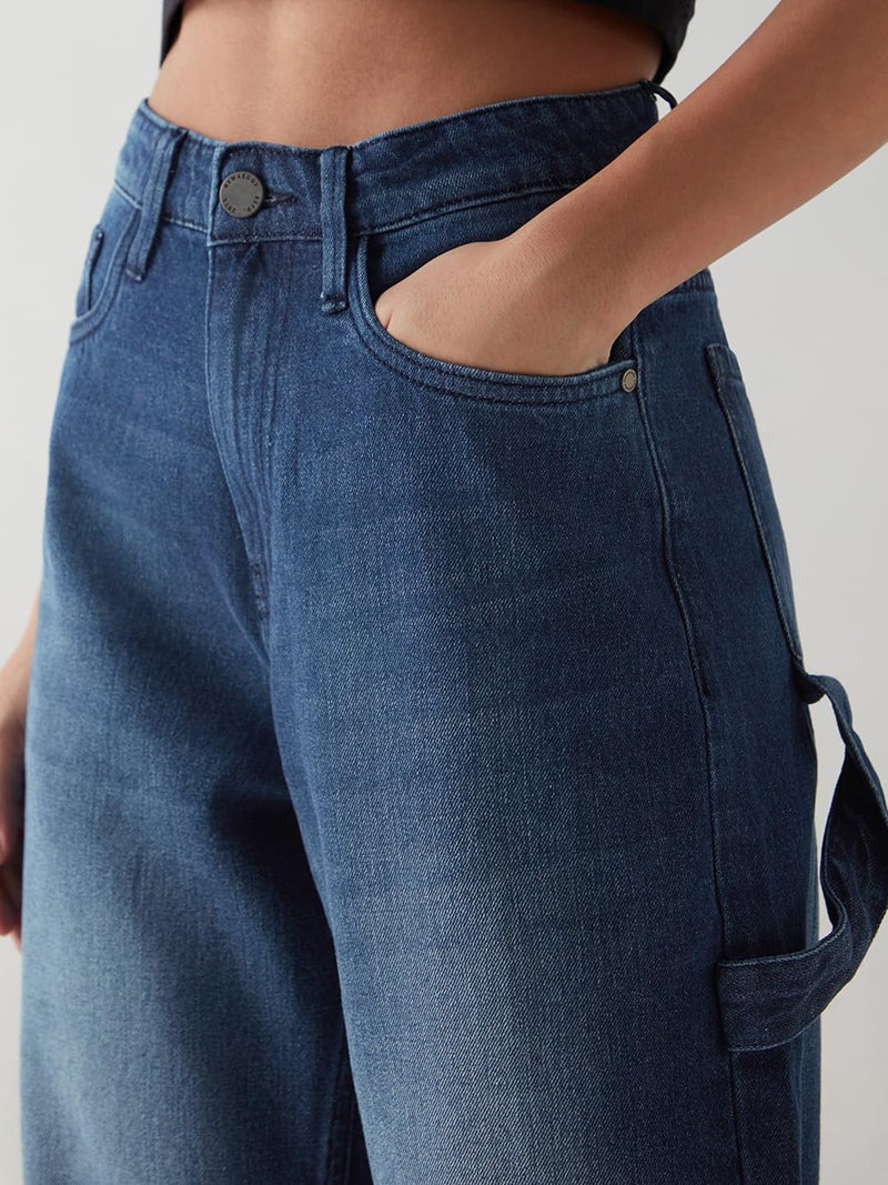 Bewakoof Women's Washed Wide Leg Cotton Carpenter Jeans_646018_Blue_36 - Image 4