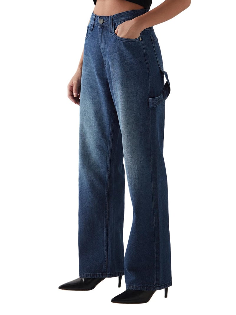 Bewakoof Women's Washed Wide Leg Cotton Carpenter Jeans_646018_Blue_36 - Image 2