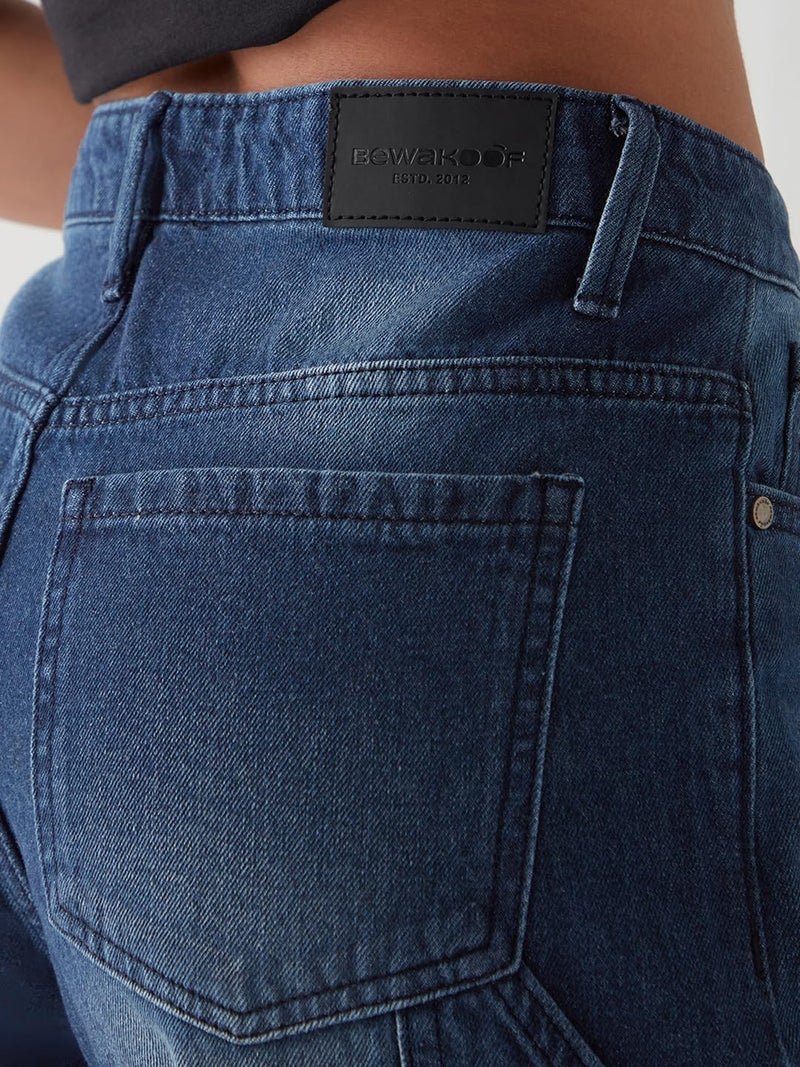 Bewakoof Women's Washed Wide Leg Cotton Carpenter Jeans_646018_Blue_36 - Image 5