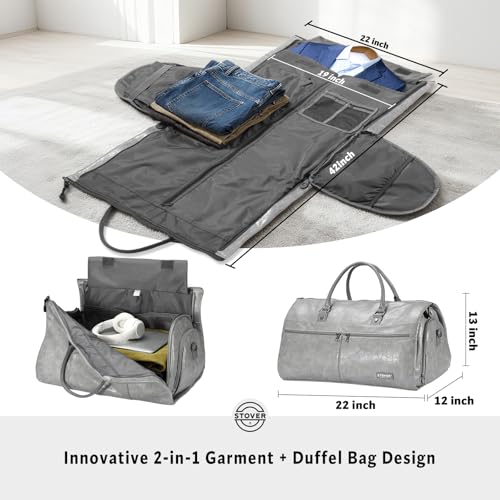 STOVER Garment Travel Duffle Bag, Large 2-in-1 Convertible Carry-on Luggage for Men & Women- Hanging Suits, Dresses & Clothes + Shoe Compartment- Weekender Tote Combo Duffel (Grey Leatherette) - Image 2