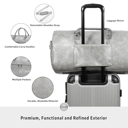 STOVER Garment Travel Duffle Bag, Large 2-in-1 Convertible Carry-on Luggage for Men & Women- Hanging Suits, Dresses & Clothes + Shoe Compartment- Weekender Tote Combo Duffel (Grey Leatherette) - Image 4