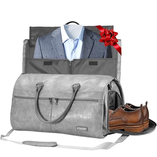 STOVER Garment Travel Duffle Bag, Large 2-in-1 Convertible Carry-on Luggage for Men & Women- Hanging Suits, Dresses & Clothes + Shoe Compartment- Weekender Tote Combo Duffel (Grey Leatherette) - Image 1