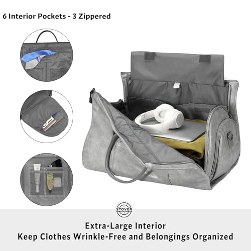 STOVER Garment Travel Duffle Bag, Large 2-in-1 Convertible Carry-on Luggage for Men & Women- Hanging Suits, Dresses & Clothes + Shoe Compartment- Weekender Tote Combo Duffel (Grey Leatherette) - Image 3