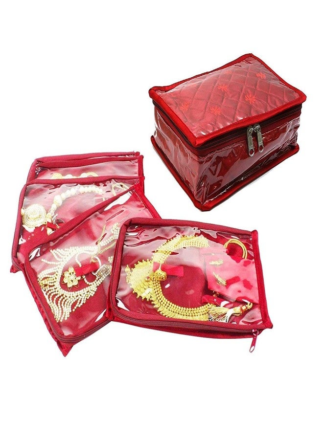 SNA Women's Plastic Satin Jewellery Organizer Necklace Pouches Ring Earring Travelling Make up Kit with 5 Pouch (Maroon) - Image 3