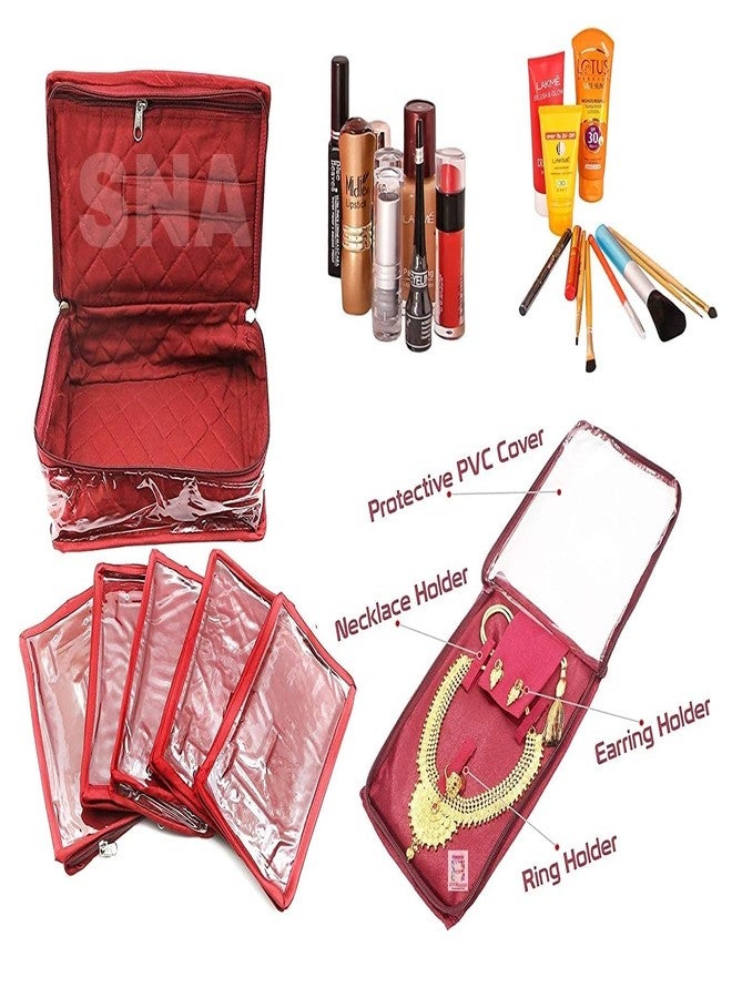 SNA Women's Plastic Satin Jewellery Organizer Necklace Pouches Ring Earring Travelling Make up Kit with 5 Pouch (Maroon) - Image 2