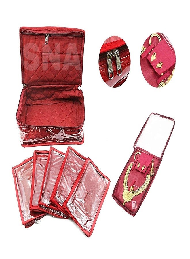 SNA Women's Plastic Satin Jewellery Organizer Necklace Pouches Ring Earring Travelling Make up Kit with 5 Pouch (Maroon) - Image 1