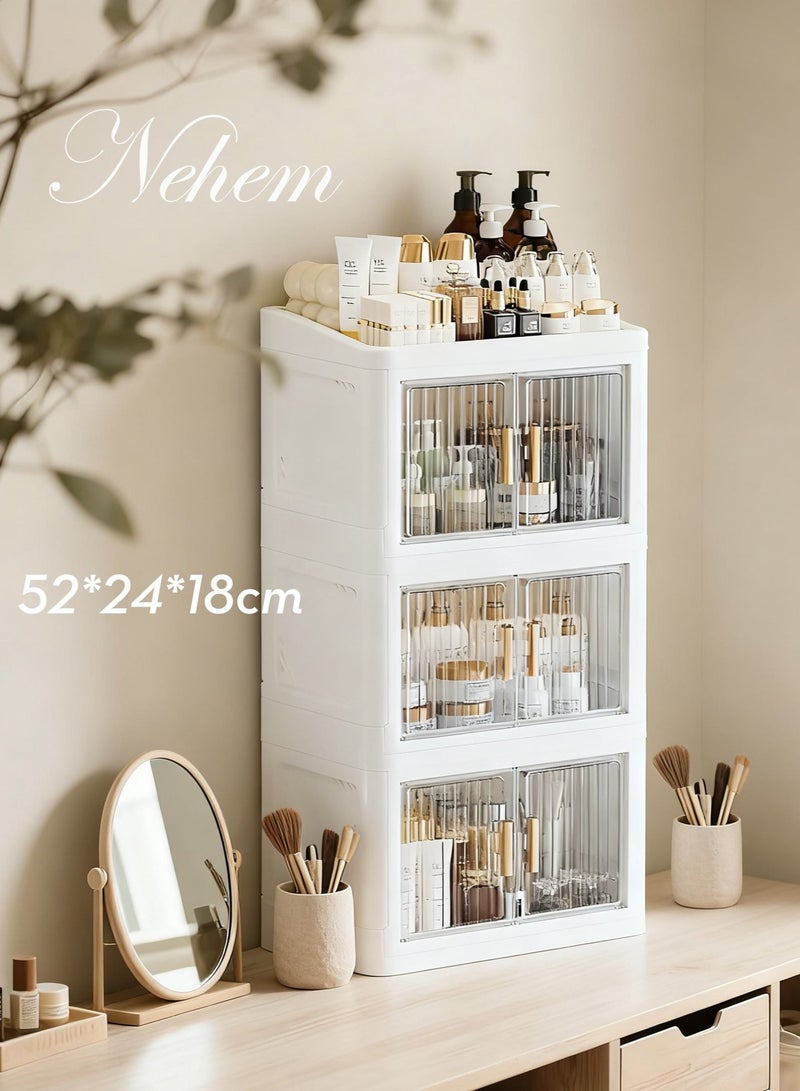 نيم منظم مكياج منظمات المكياج وعطور ومكياج قابل للطي - صندوق تخزين بسعة كبيرة لمستحضرات التجميل والإكسسوارات، مقاوم للغبار مع مساحة مخصصة لأحمر الشفاه والأقنعة | تخزين أنيق لطاولة المكياج - Image 1