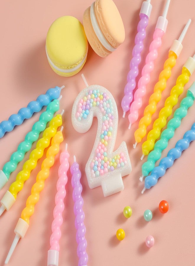 PHD CAKE Number 2 Birthday Candle Macaron Glitter Number Candle with Rainbow Spiral Candles in Holders for Cake Topper, Pastel Sweet Theme Party Decoration - Image 2
