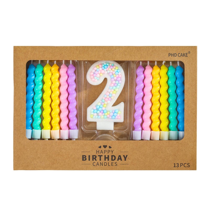PHD CAKE Number 2 Birthday Candle Macaron Glitter Number Candle with Rainbow Spiral Candles in Holders for Cake Topper, Pastel Sweet Theme Party Decoration - Image 1