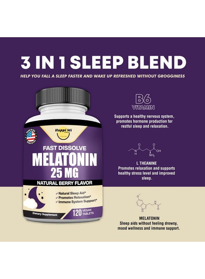 هابي_مي_نيوتريشن هابي مي نيوترشن ميلاتونين 25 مجم، قوة إضافية مع إل ثيانين وفيتامين ب 6، أقراص سريعة الذوبان، دعم النوم، الاسترخاء، نوم هادئ، خالٍ من العقاقير، بنكهة التوت الطبيعية، 120 قرصًا قابلًا للمضغ - Image 1