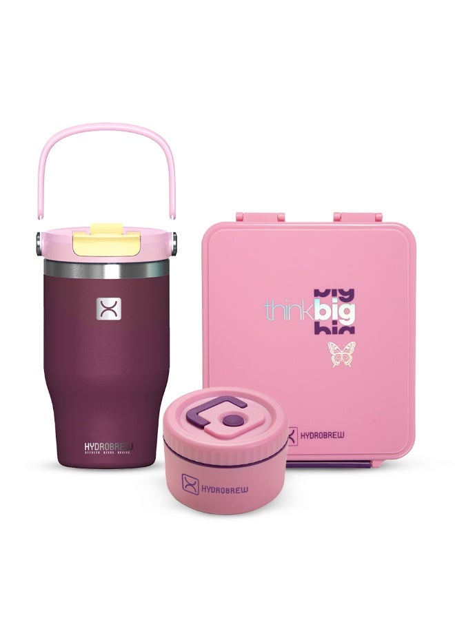HYDROBREW Bento Lunch Box w/ Steel Water Bottle & Food Jar - Think Big Blush - Image 1