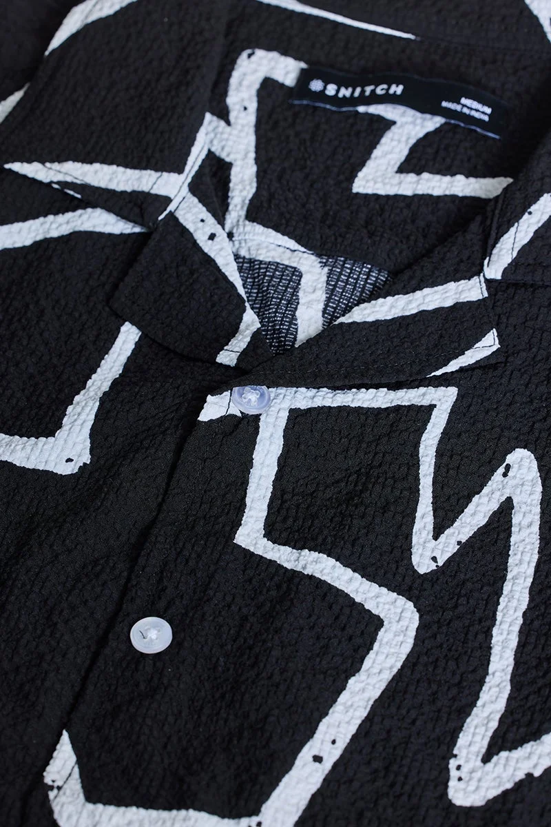 سنيتش Black Abstract Half Sleeve Slim Fit Casual Shirt