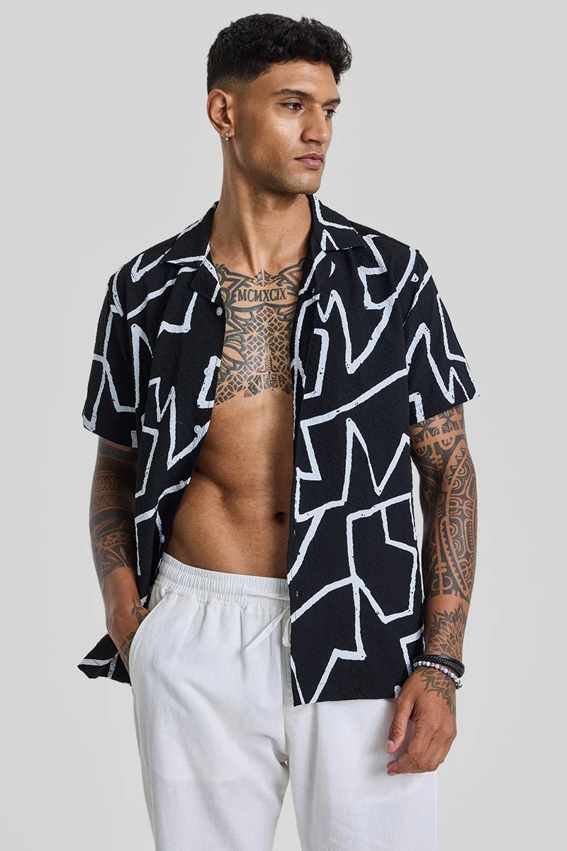 سنيتش Black Abstract Half Sleeve Slim Fit Casual Shirt