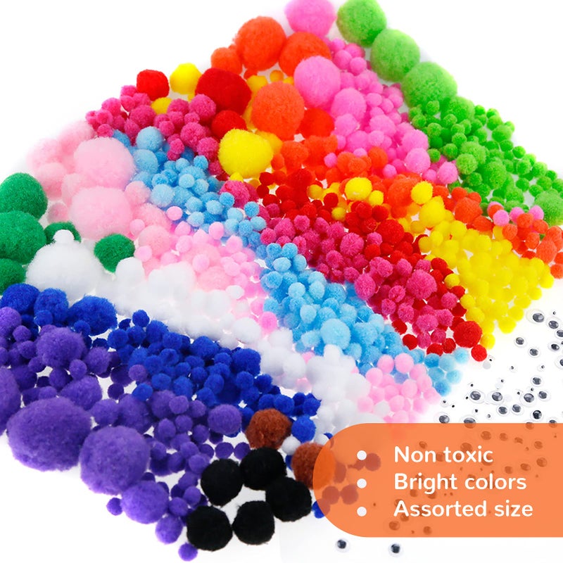 Caydo 1400PCS 5 Sizes Multicolor Pom Poms Assorted Pompoms Balls with 4 Sizes Wiggle Eyes for Kids Creative DIY, Crafts Projects Making and Valentine's Day Decorations - Image 2