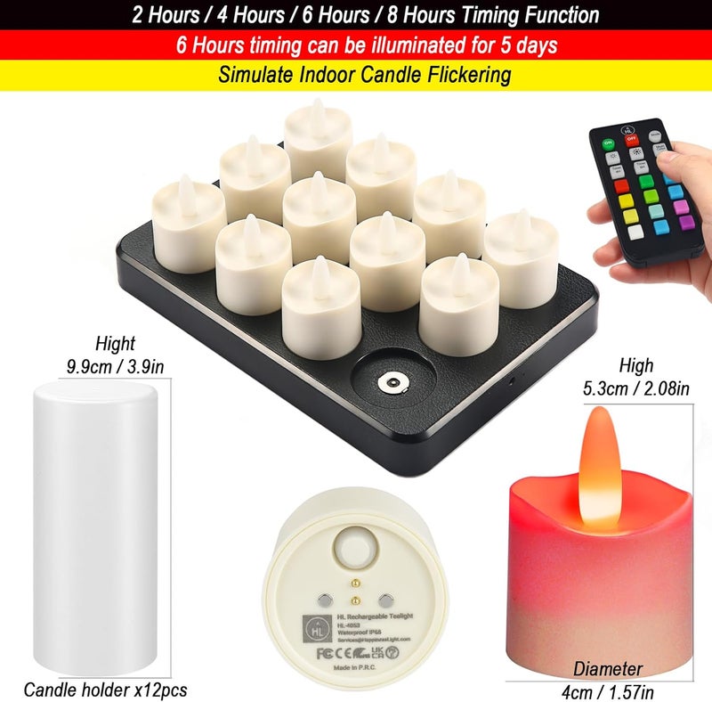 HL Flameless Candles with Remote Timer&Charging Station, 60+Hours Rechargeable Waterproof Outdoor RGB Tea Lights Colorful Candles for Valentine's Gift Halloween Christmas Home Party Decor-12pcs - Image 2