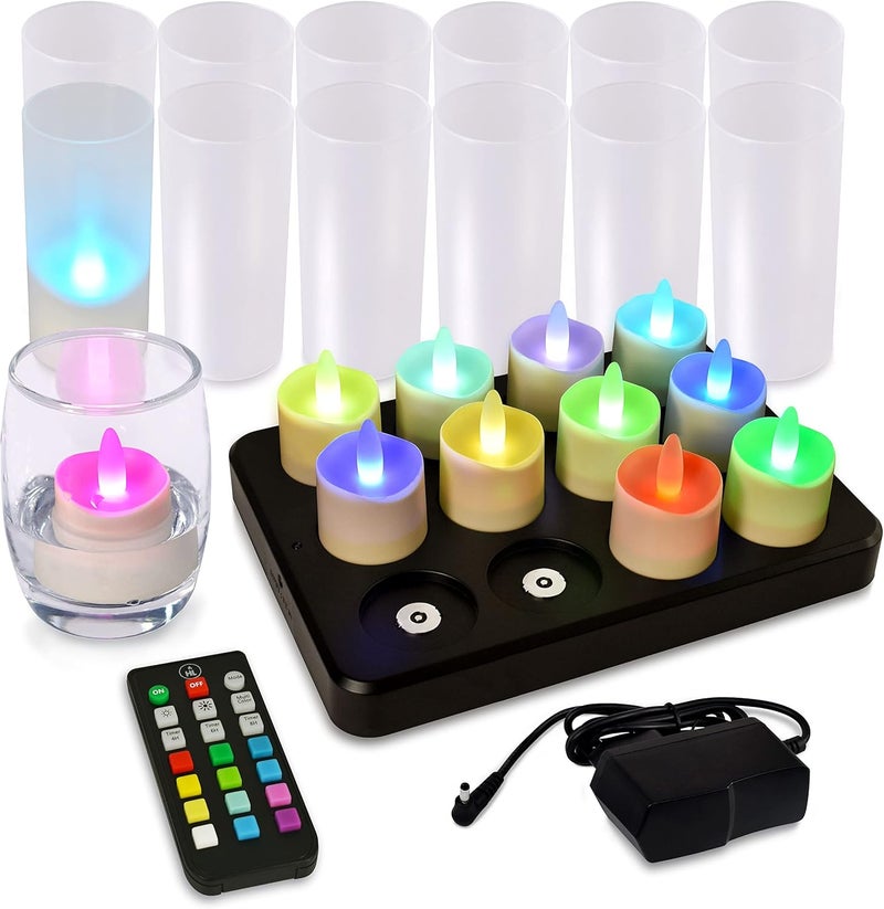 HL Flameless Candles with Remote Timer&Charging Station, 60+Hours Rechargeable Waterproof Outdoor RGB Tea Lights Colorful Candles for Valentine's Gift Halloween Christmas Home Party Decor-12pcs - Image 1