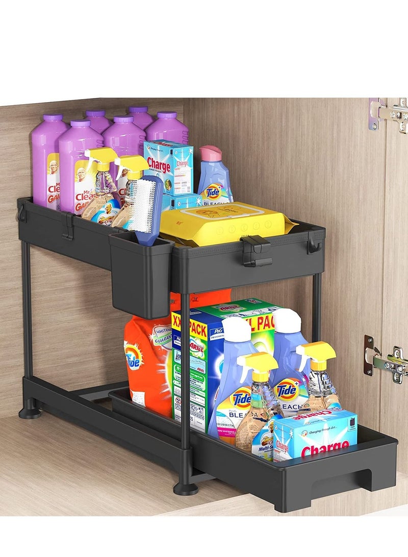 MIXDE Under Sink Organizer, Sliding Cabinet Basket Organizer 2 Tier Under Bathroom Storage Rack with Hooks, Hanging Cup, Dividers, Multi-purpose Storage Shelf for Bathroom Kitchen (BLACK) - Image 1