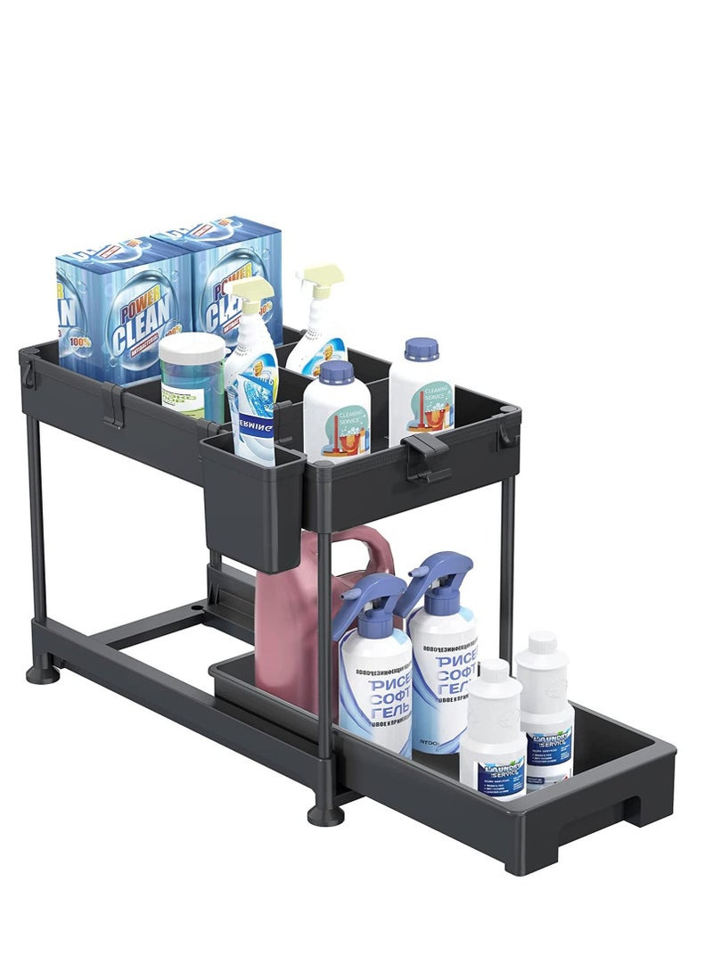 MIXDE Under Sink Organizer, Sliding Cabinet Basket Organizer 2 Tier Under Bathroom Storage Rack with Hooks, Hanging Cup, Dividers, Multi-purpose Storage Shelf for Bathroom Kitchen (BLACK) - Image 2