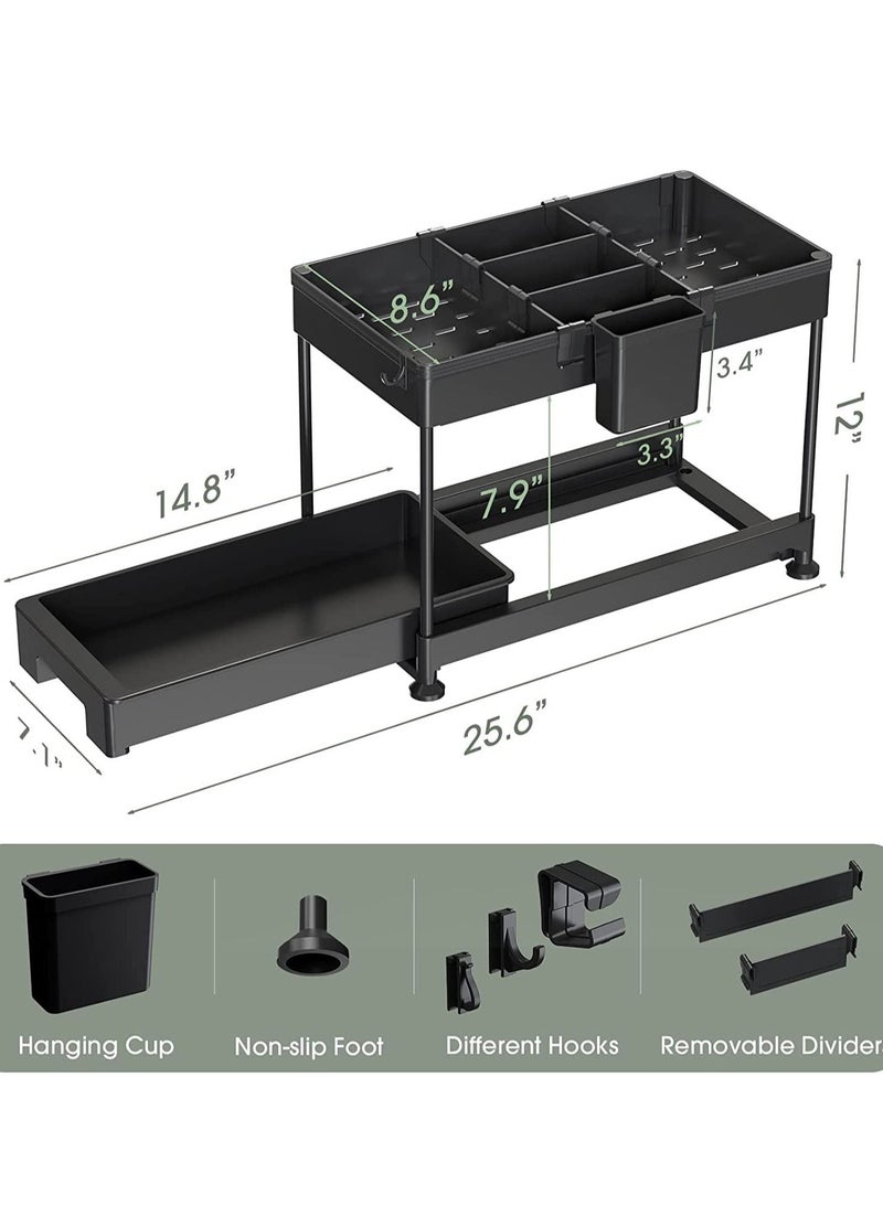 MIXDE Under Sink Organizer, Sliding Cabinet Basket Organizer 2 Tier Under Bathroom Storage Rack with Hooks, Hanging Cup, Dividers, Multi-purpose Storage Shelf for Bathroom Kitchen (BLACK) - Image 3