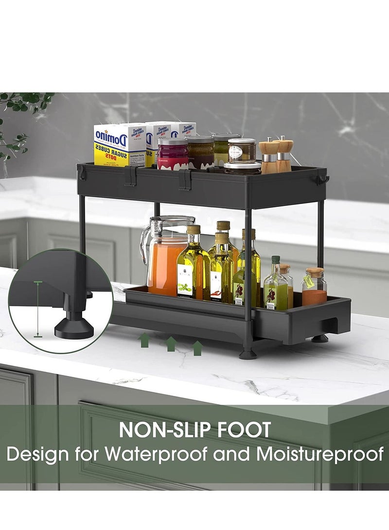 MIXDE Under Sink Organizer, Sliding Cabinet Basket Organizer 2 Tier Under Bathroom Storage Rack with Hooks, Hanging Cup, Dividers, Multi-purpose Storage Shelf for Bathroom Kitchen (BLACK) - Image 4
