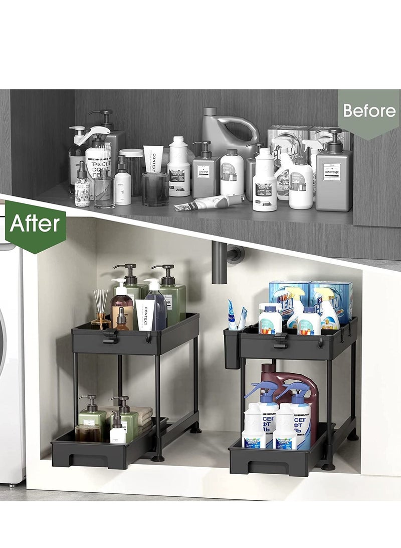 MIXDE Under Sink Organizer, Sliding Cabinet Basket Organizer 2 Tier Under Bathroom Storage Rack with Hooks, Hanging Cup, Dividers, Multi-purpose Storage Shelf for Bathroom Kitchen (BLACK) - Image 5