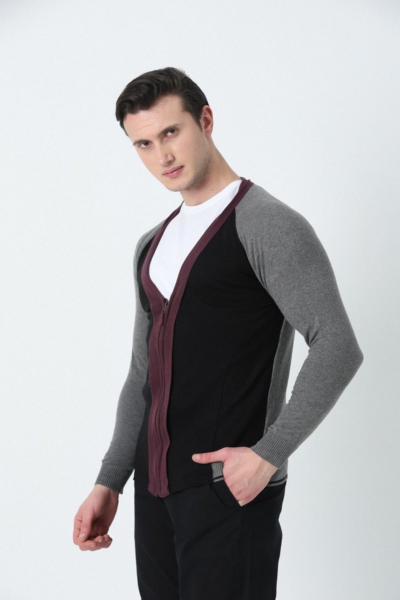 BROTHERS Men's V-Neck Metal Zipper 3-Color Knitted Cardigan Black  - Image 2