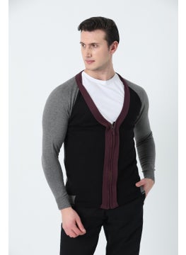 BROTHERS Men's V-Neck Metal Zipper 3-Color Knitted Cardigan Black  - Image 1