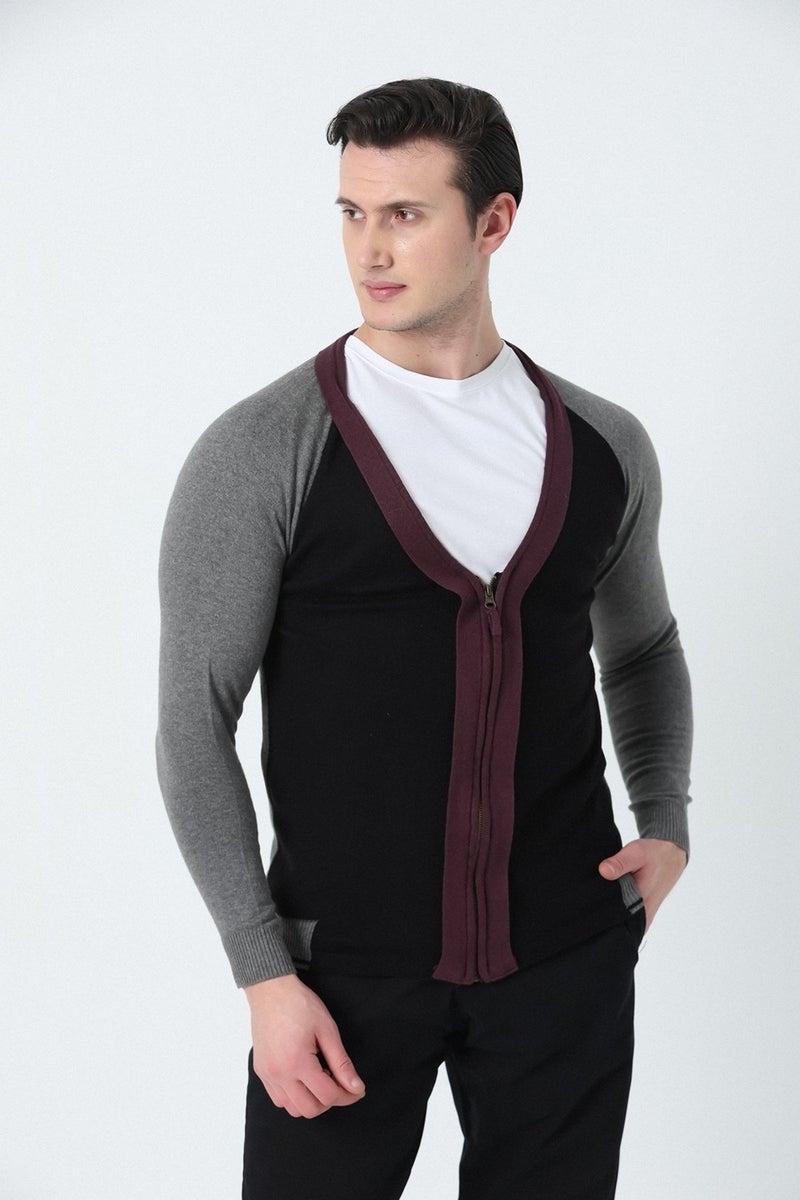 BROTHERS Men's V-Neck Metal Zipper 3-Color Knitted Cardigan Black  - Image 1
