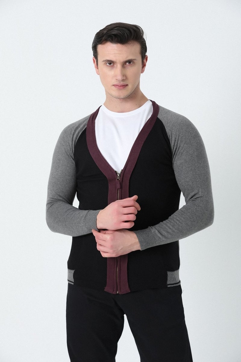 BROTHERS Men's V-Neck Metal Zipper 3-Color Knitted Cardigan Black  - Image 3