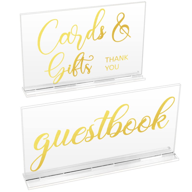 Yulejo 2 Pcs Acrylic Wedding Reception Sign Please Sign The Guestbook Cards and Gifts Signs for Wedding with Stand Rustic Farmhouse Hanging for Cabin Beach Party Home Decor 2 Styles Gold Printing
