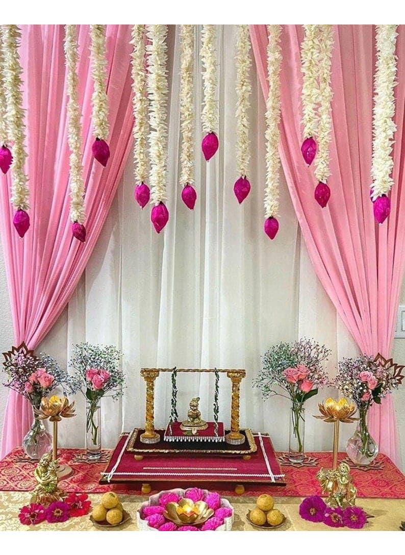 Lazybeee Lazybeee White Artificial Flower with Lotus Bud Hanging 5 Pcs Floral Wall Hangings for Temple Home Decor Handmade 48Inch White Pink Decorations for Diwali Festivals Hanging for Stage Decor 