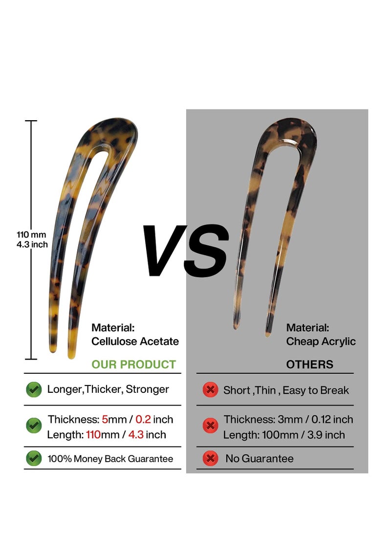 Excefore French Hair Forks Tortoise Shell U Shape Updo Hair Pins Clips for Thin Thick Hair, 4.3 inch Classic Cellulose Acetate 2 Prong Bun Hair Sticks Chignon Women Vintage Hairstyle Accessories, 3 Pack - Image 3