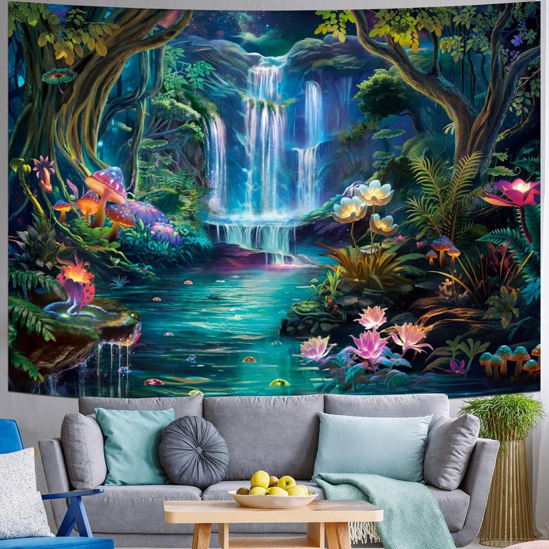 Generleo Forest Waterfall Tapestry Mushroom Flower Tapestries Natural Landscape Tapestries Colorful Floral Plants Wall Art Decor Fantasy Aesthetic Tapestry Wall Hanging for Bedroom - Image 1