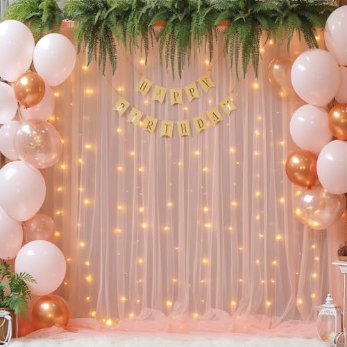 PARTISKY 10x8ft Peach Tulle Backdrop Curtain with Lights String for Parites, Sheer Backdrop Curtains for Wedding Baby Shower Birthday Party Photo Shoot Decorations - Image 4