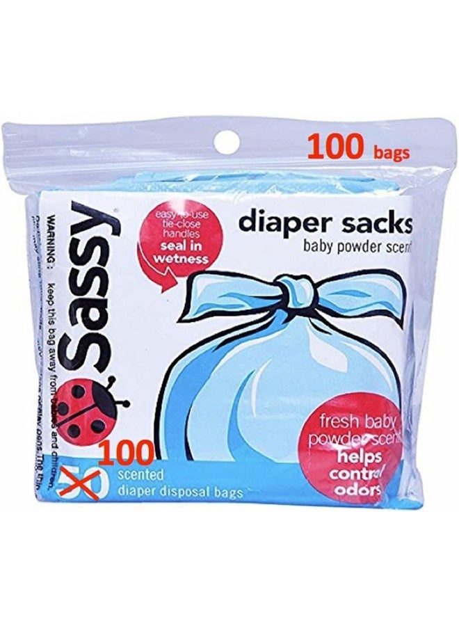 Sassy أكياس حفاضات قابلة للتصرف من ساسي 100 عد، برائحة بودرة، 4-25 كيس لكل لفة، سهلة الربط، أكياس للتخلص من الحفاضات أو نفايات الحيوانات الأليفة - Image 1