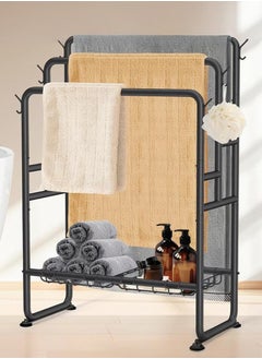 XiuWoo Tall Standing Towel Racks, 3 Tier Towel Stand Blanket Rack with 2 Removable Storage Baskets & 6 Hooks, Indoor Outdoor Freestanding Towel Racks for Bathroom Bedroom Organizer  - Image 1