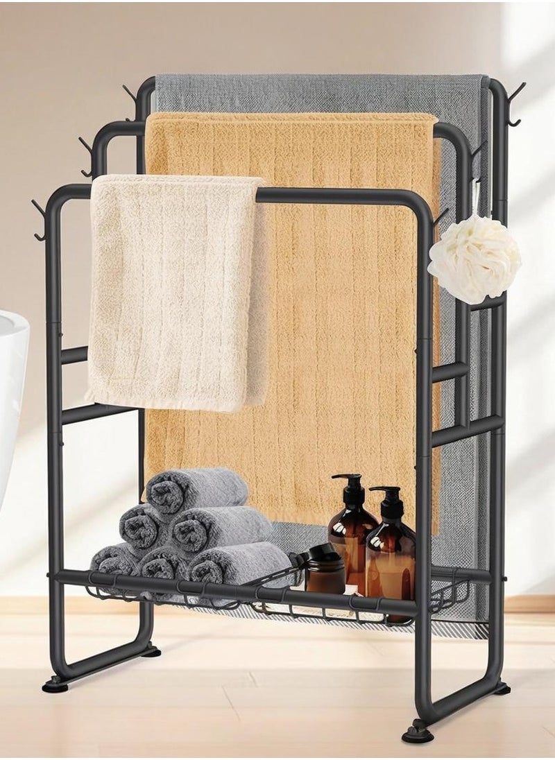 XiuWoo Tall Standing Towel Racks, 3 Tier Towel Stand Blanket Rack with 2 Removable Storage Baskets & 6 Hooks, Indoor Outdoor Freestanding Towel Racks for Bathroom Bedroom Organizer  - Image 1