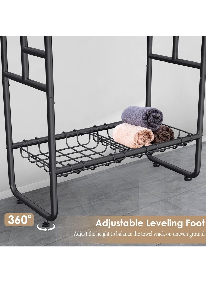 XiuWoo Tall Standing Towel Racks, 3 Tier Towel Stand Blanket Rack with 2 Removable Storage Baskets & 6 Hooks, Indoor Outdoor Freestanding Towel Racks for Bathroom Bedroom Organizer  - Image 3