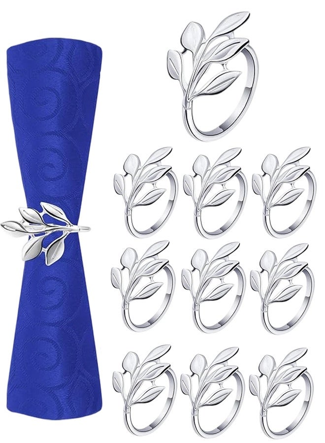 10 Pcs Leaf Napkin Rings Set,  Metal Napkins Rings Holders Bulk Glossy Table Adornment for Vintage Wedding , Fall Dinner Party Decoration Favors(Silver) - Image 1