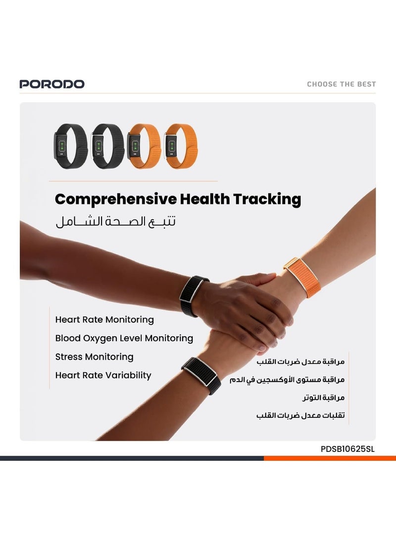 بورودو سوار بورودو تراك فيت الذكي للياقة البدنية - متتبع للنشاط، مقاوم للماء بمعيار IP68، عمر بطارية يصل إلى 30 يومًا مع حزام نايلون إضافي - أسود/برتقالي - PDSB10625SL - Image 2