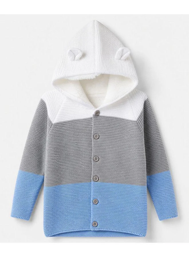 Babyhug Babyhug Knit Raglan Full Sleeves Striped Hooded Sweater and Pants Set with Ear Applique - Multicolor