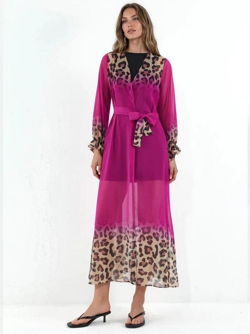 جينيفر Printed Maxi Chiffon Belted Cover-Up
