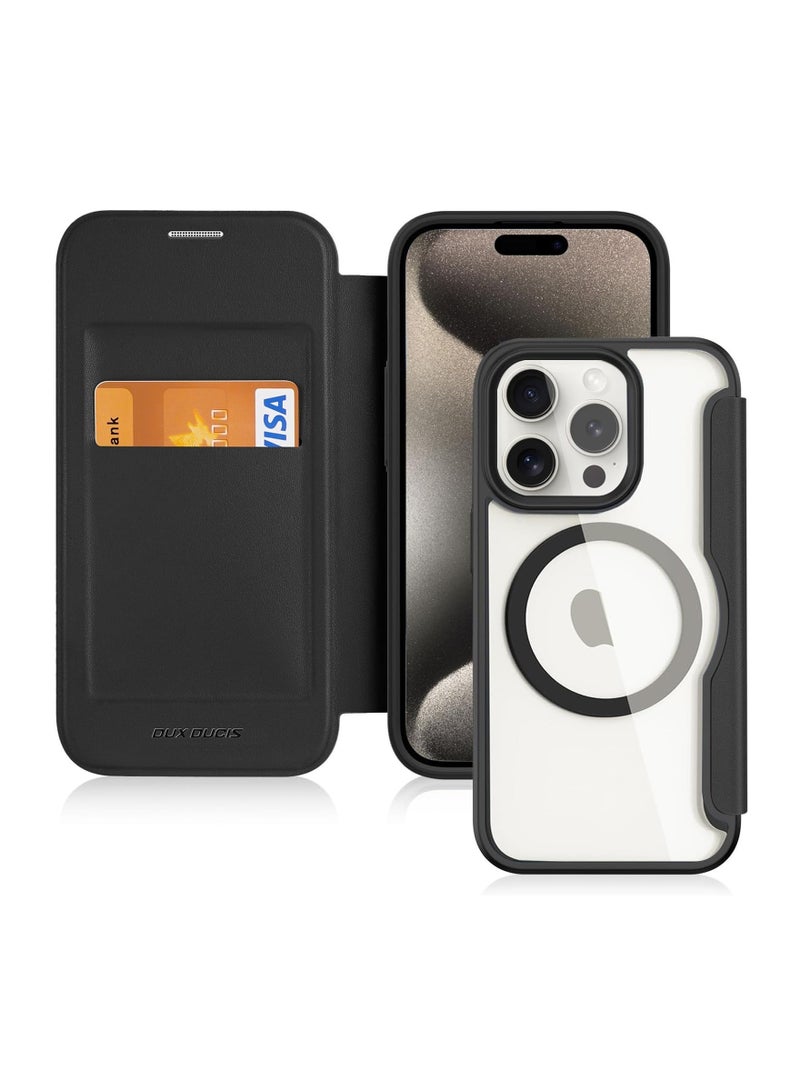 كابتن تيك Magnetic Case for iPhone 15 Pro Max 6.7 Inch, PU Leather 2 in 1 Detachable Flip Case with Card Holder RFID, Scratch Resistant Transparent Back for iPhone 15 Pro Max Case, Black - Image 1