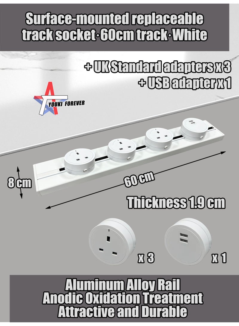 Surface-mounted replaceable track socket·60cm track·White + ​​UK Standard adapters x 3 + USB adapter x 1 - Image 1