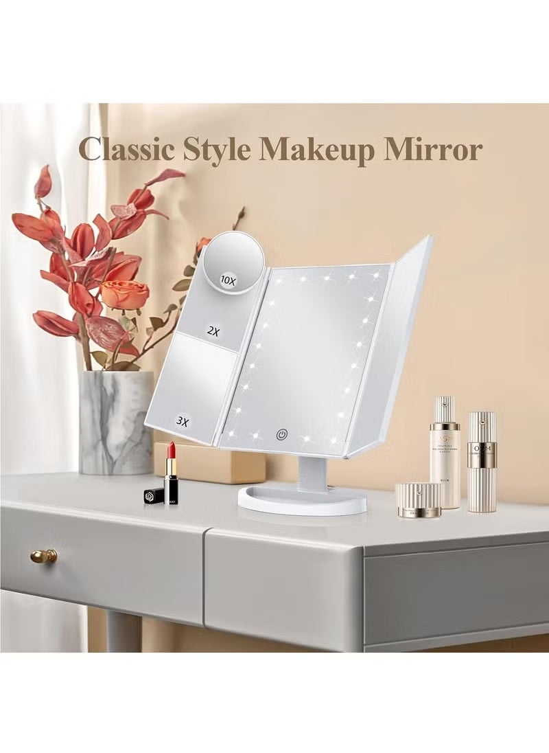 Arabest Makeup Mirror Vanity Mirror with Lights, Lighted Makeup Mirror with 2X 3X 10X Magnification, LED Trifold Compact Mirror, Touch Dimming Light Up Mirror, Dual Power Supply, Gifts for Women (White)  - Image 1